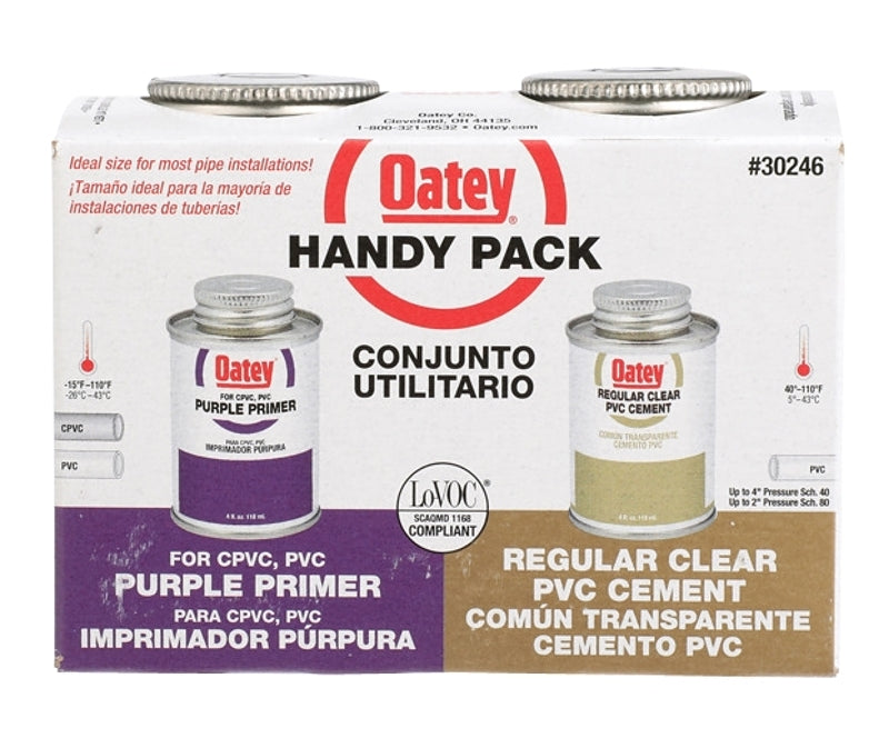 Oatey Handy Pack - Purple Primer & Regular Clear PVC Cement - 4 Oz Cans - #13701