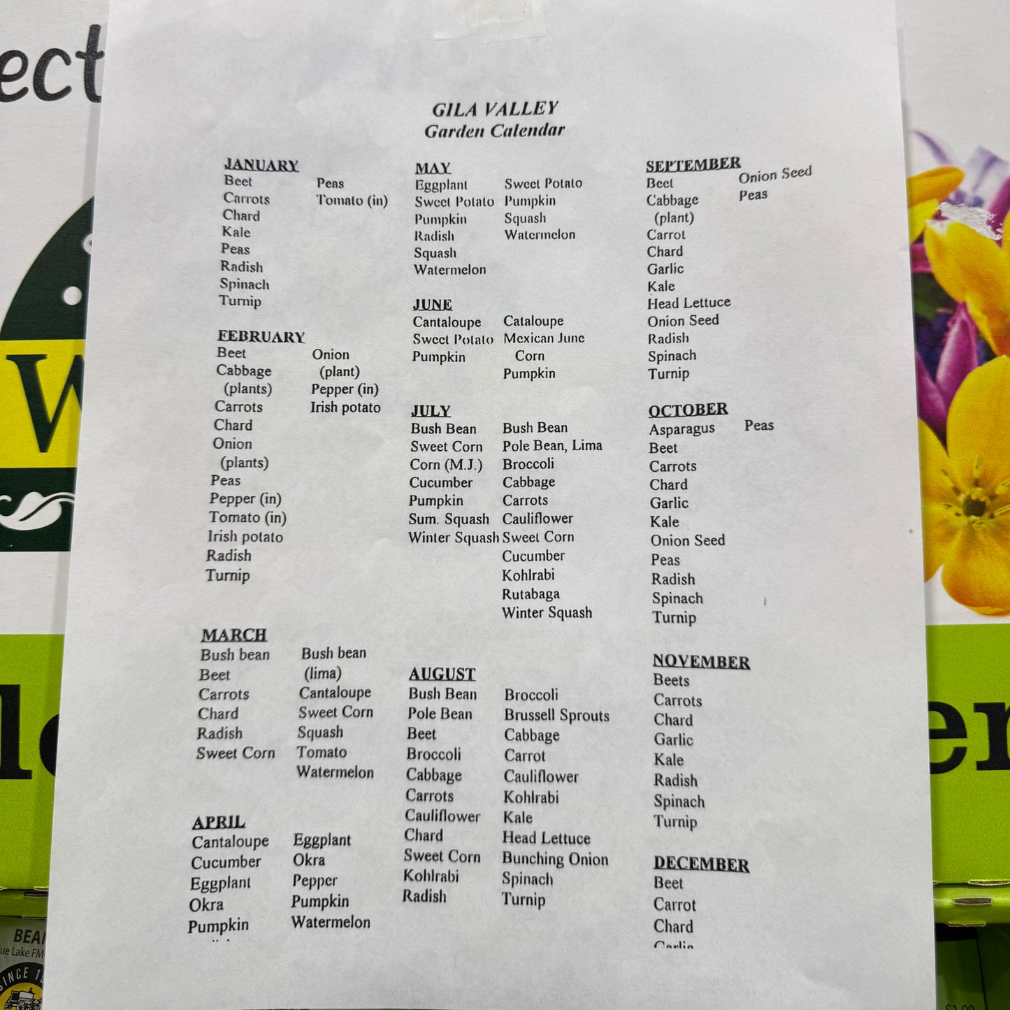 Gila Valley Garden Calendar for Planting Seeds