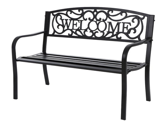 Metal Welcome Bench - Steel Park Bench - 660 Lbs - Black - 52" Tall - #28028