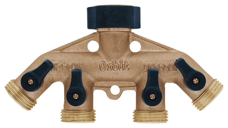 Brass 4-Port Hose Faucet Manifold - 3/4" Swivel - Orbit - #33368