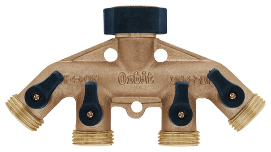 Brass 4-Port Hose Faucet Manifold - 3/4" Swivel - Orbit - #33368