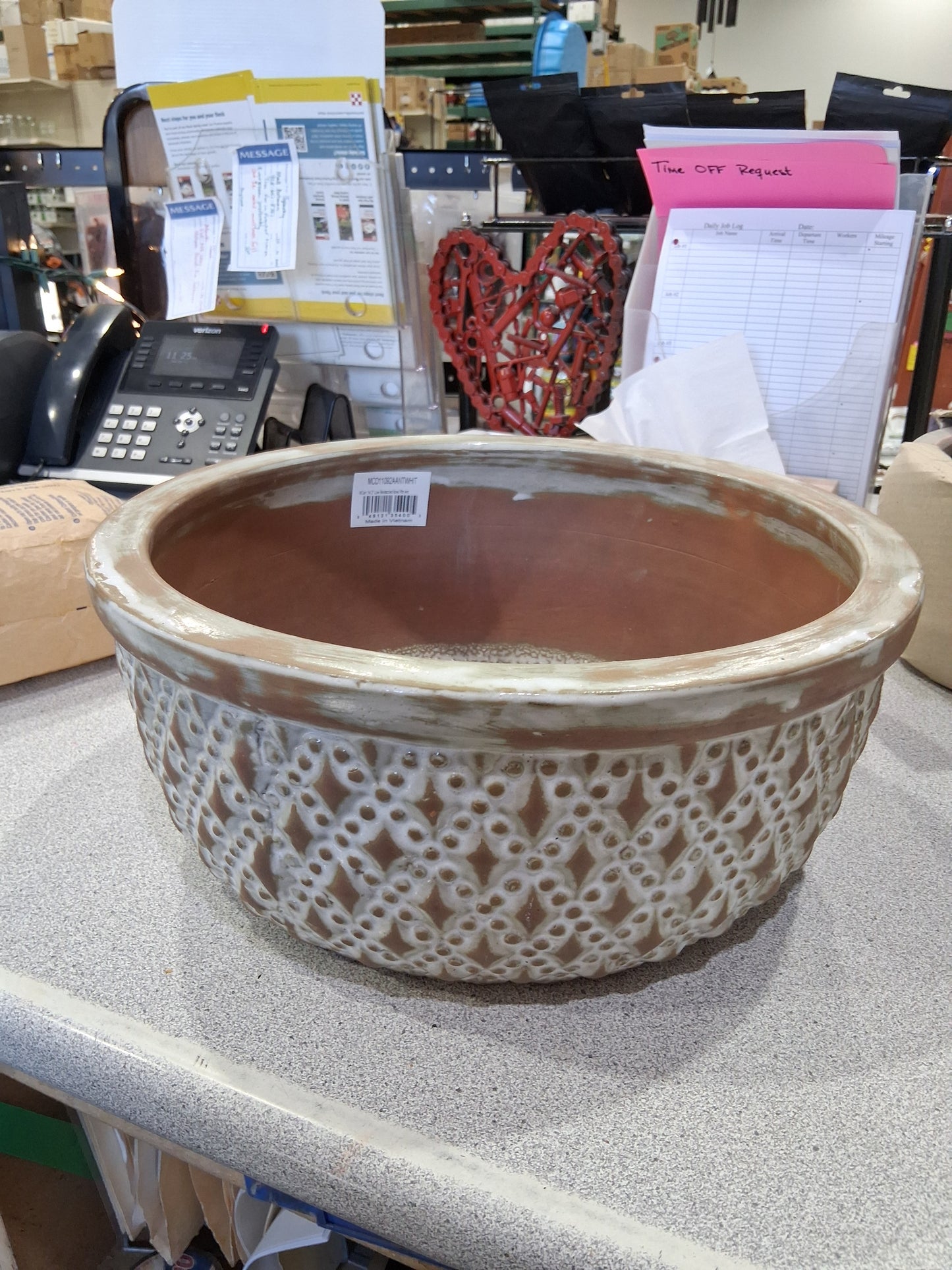 Antique White Low Bedazzled Planter Pot Bowl - 9.5" - #30118
